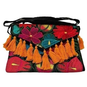 Boho Colorful Embroidered Floral Crossbody Clutch Cottage Core Handbag